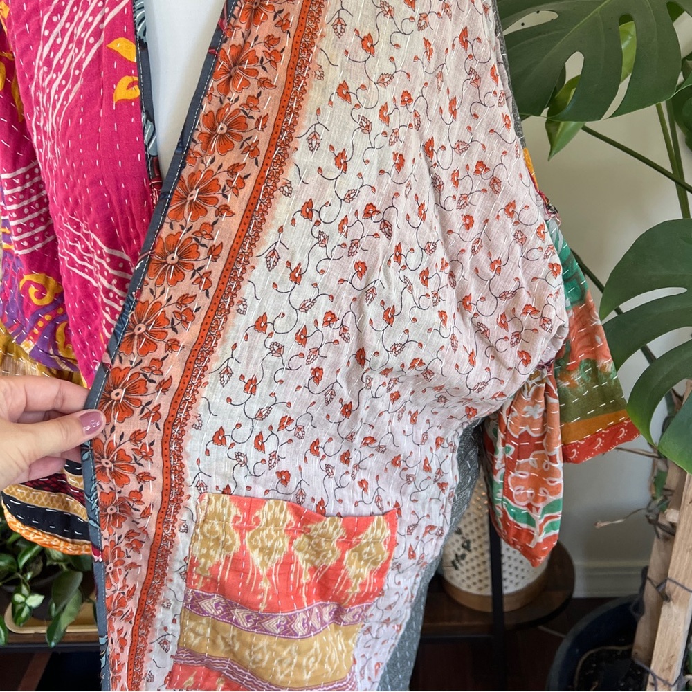 Kantha India Sari Colorful Bell Sleeve Kimono Robe OS NWOT - Picture 6 of 16